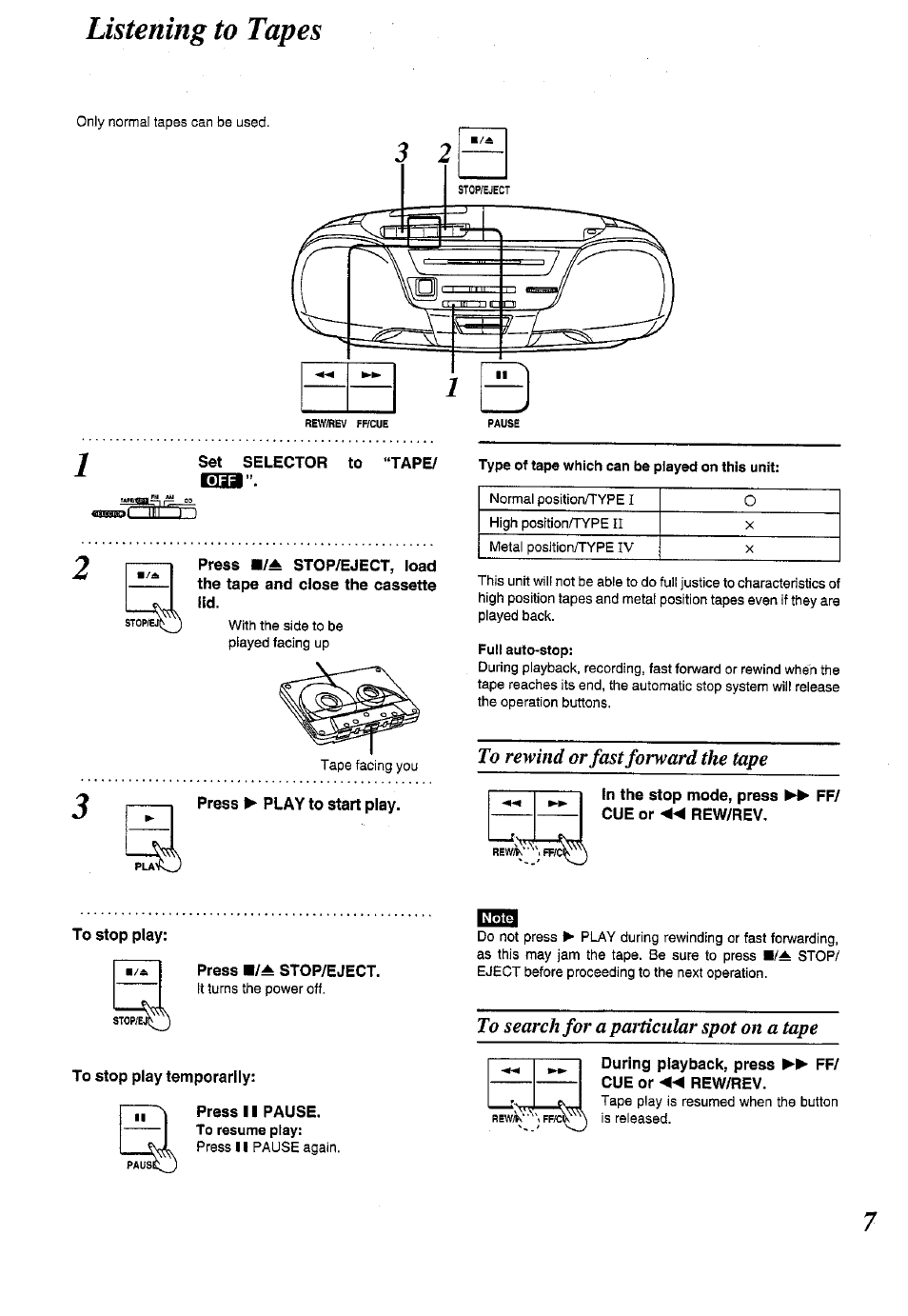 Listening to tapes | Panasonic RX-DS12 User Manual | Page 7 / 12