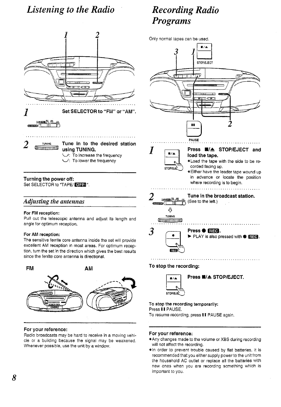 Recording radio programs, 8listening to the radio, Adjusting the antennas | Panasonic RX-DS12 User Manual | Page 8 / 12