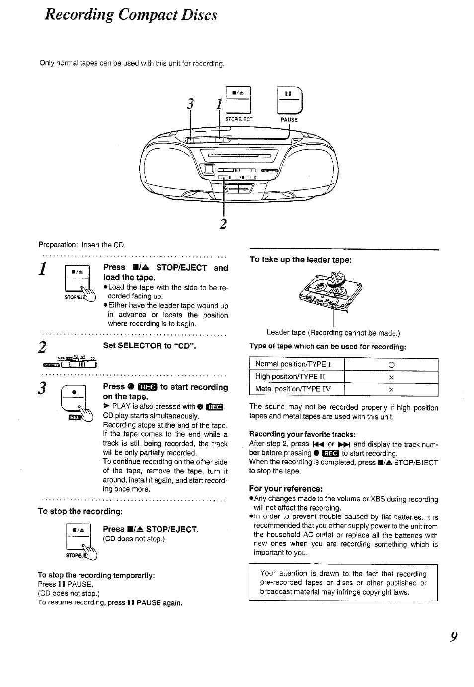 Recording compact discs | Panasonic RX-DS12 User Manual | Page 9 / 12