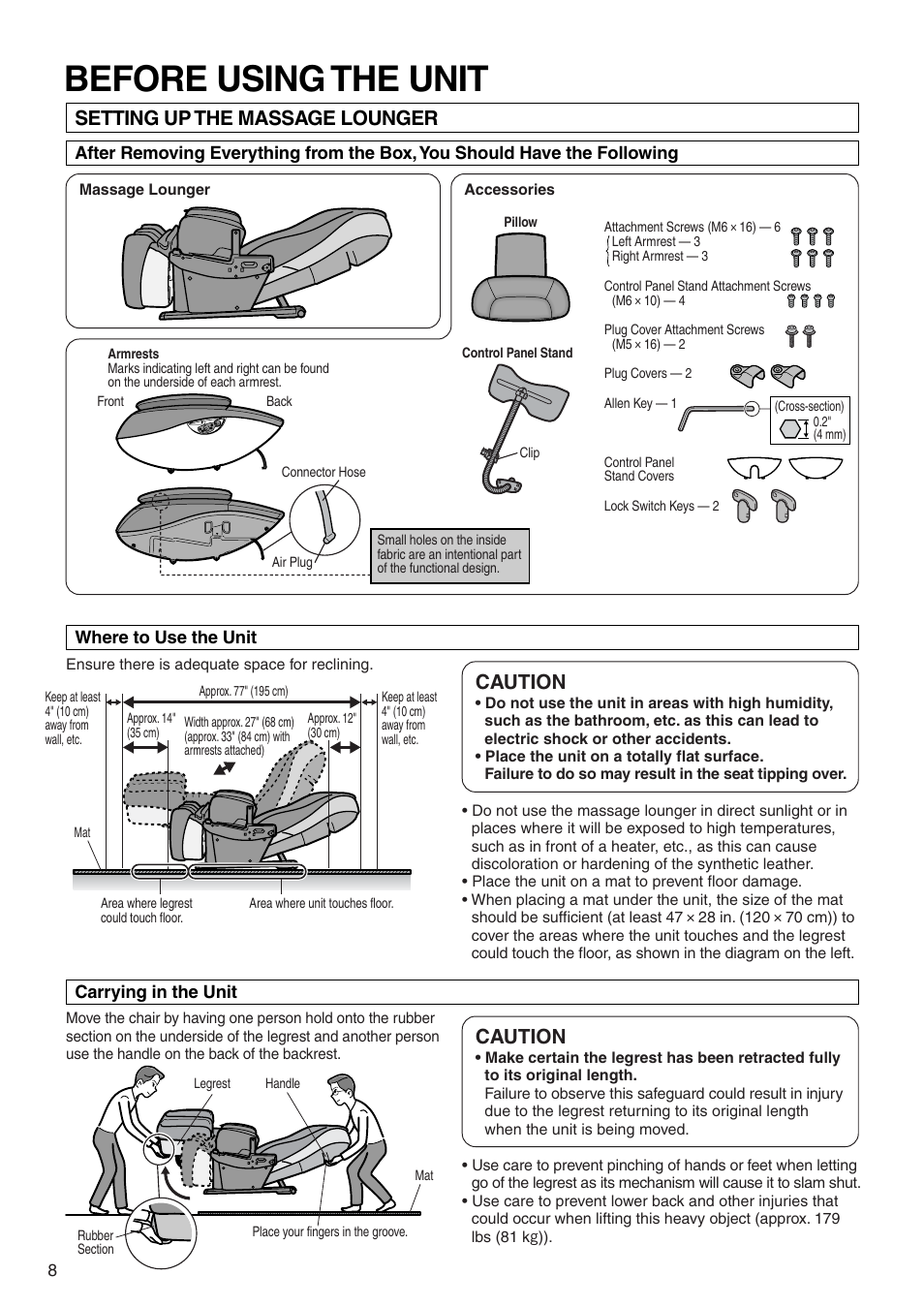 Before using the unit, Setting up the massage lounger, Caution | Panasonic EP3513 User Manual | Page 10 / 42