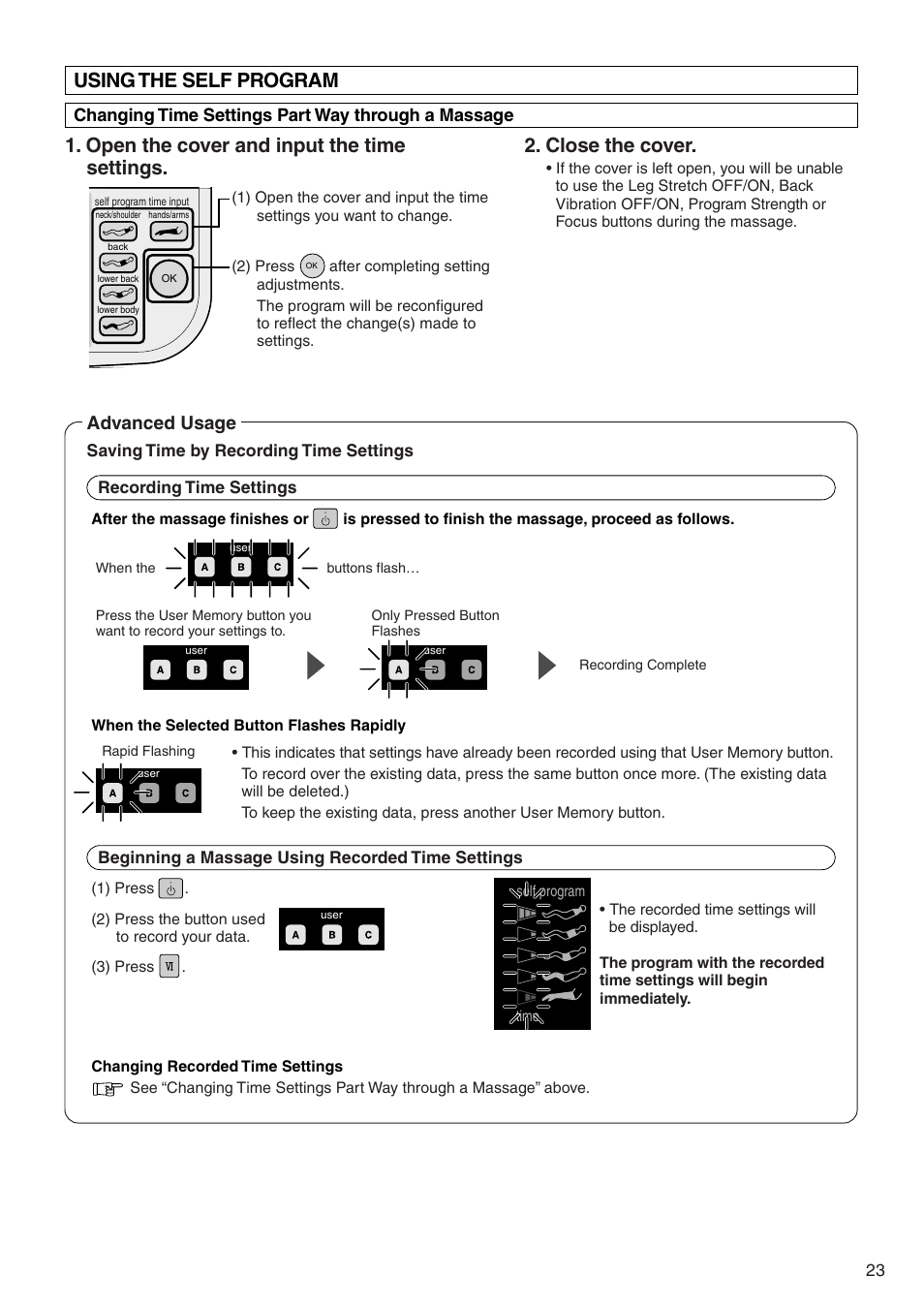 Using the self program, Open the cover and input the time settings, Close the cover | Advanced usage | Panasonic EP3513 User Manual | Page 25 / 42