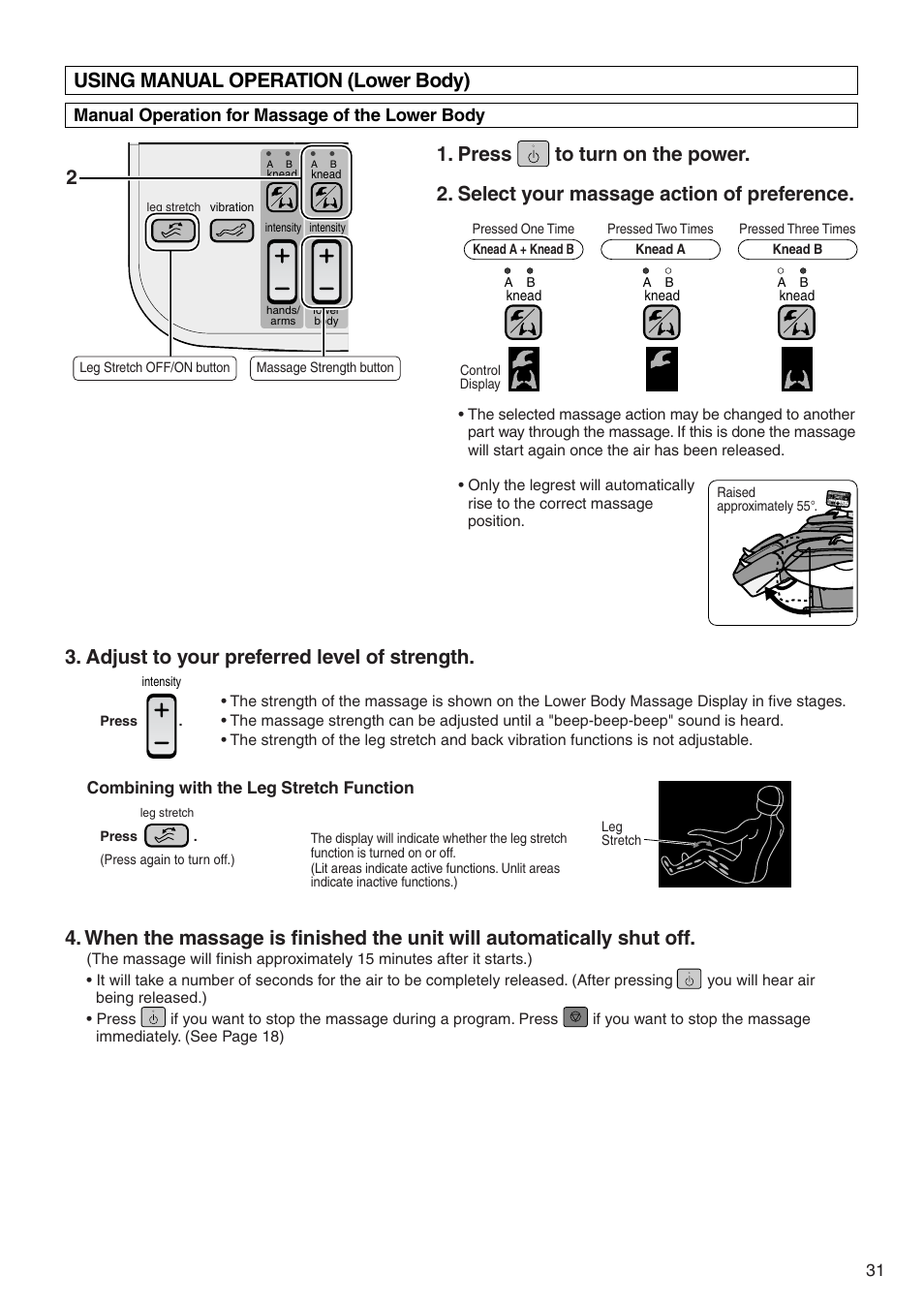 Using manual operation (lower body), Manual operation for massage of the lower body | Panasonic EP3513 User Manual | Page 33 / 42