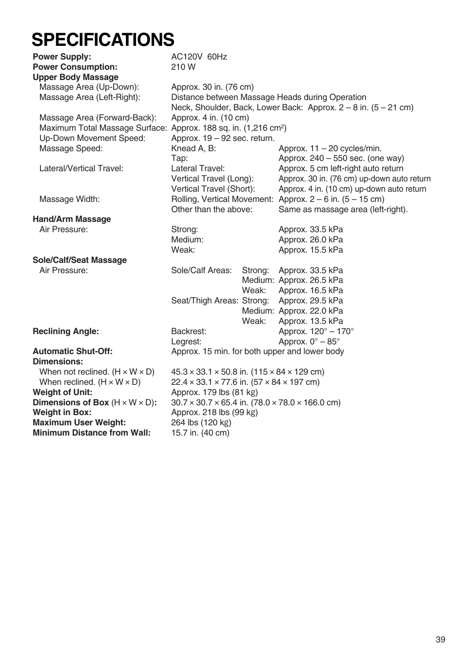 Specifications | Panasonic EP3513 User Manual | Page 41 / 42