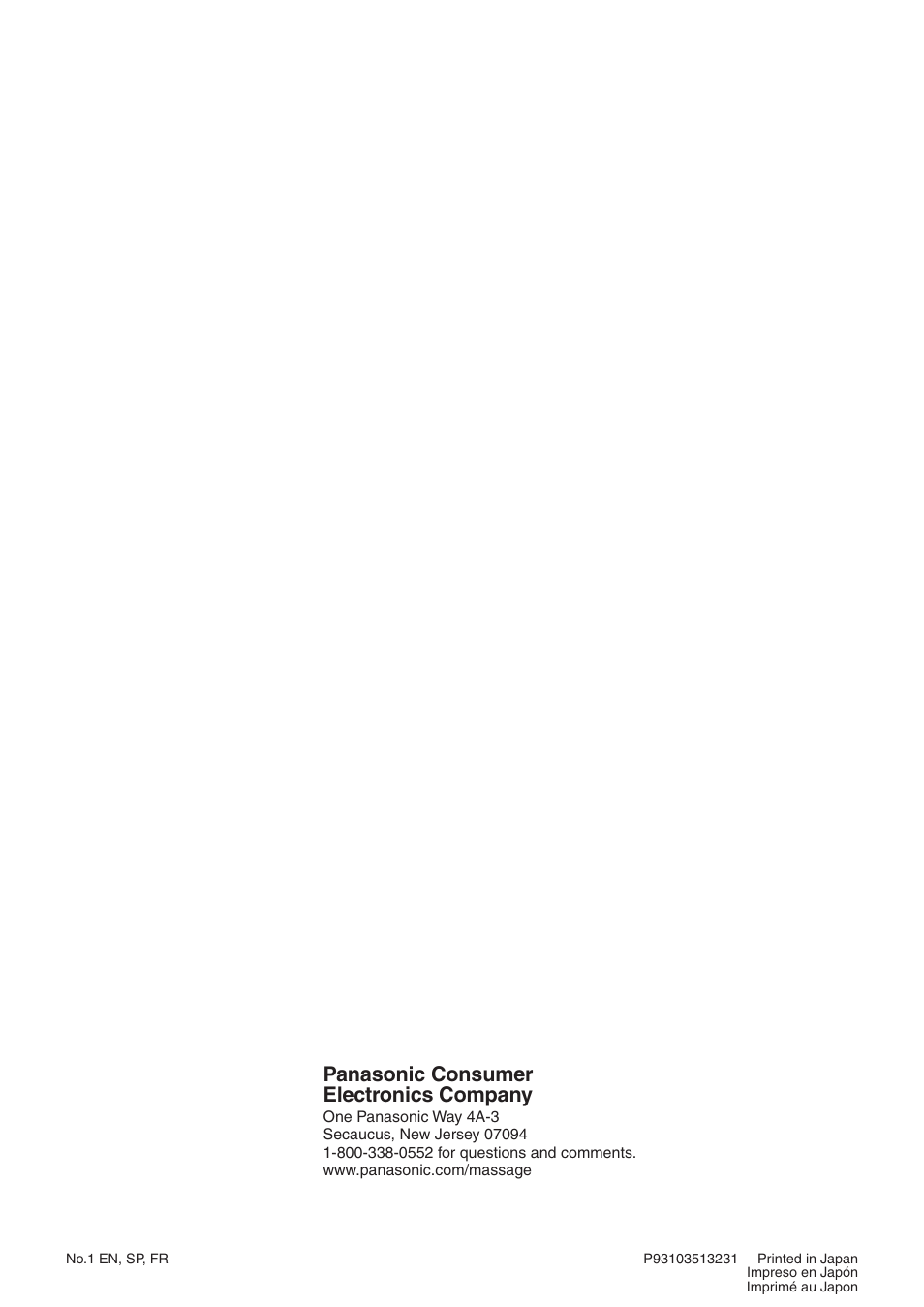 Panasonic consumer electronics company | Panasonic EP3513 User Manual | Page 42 / 42