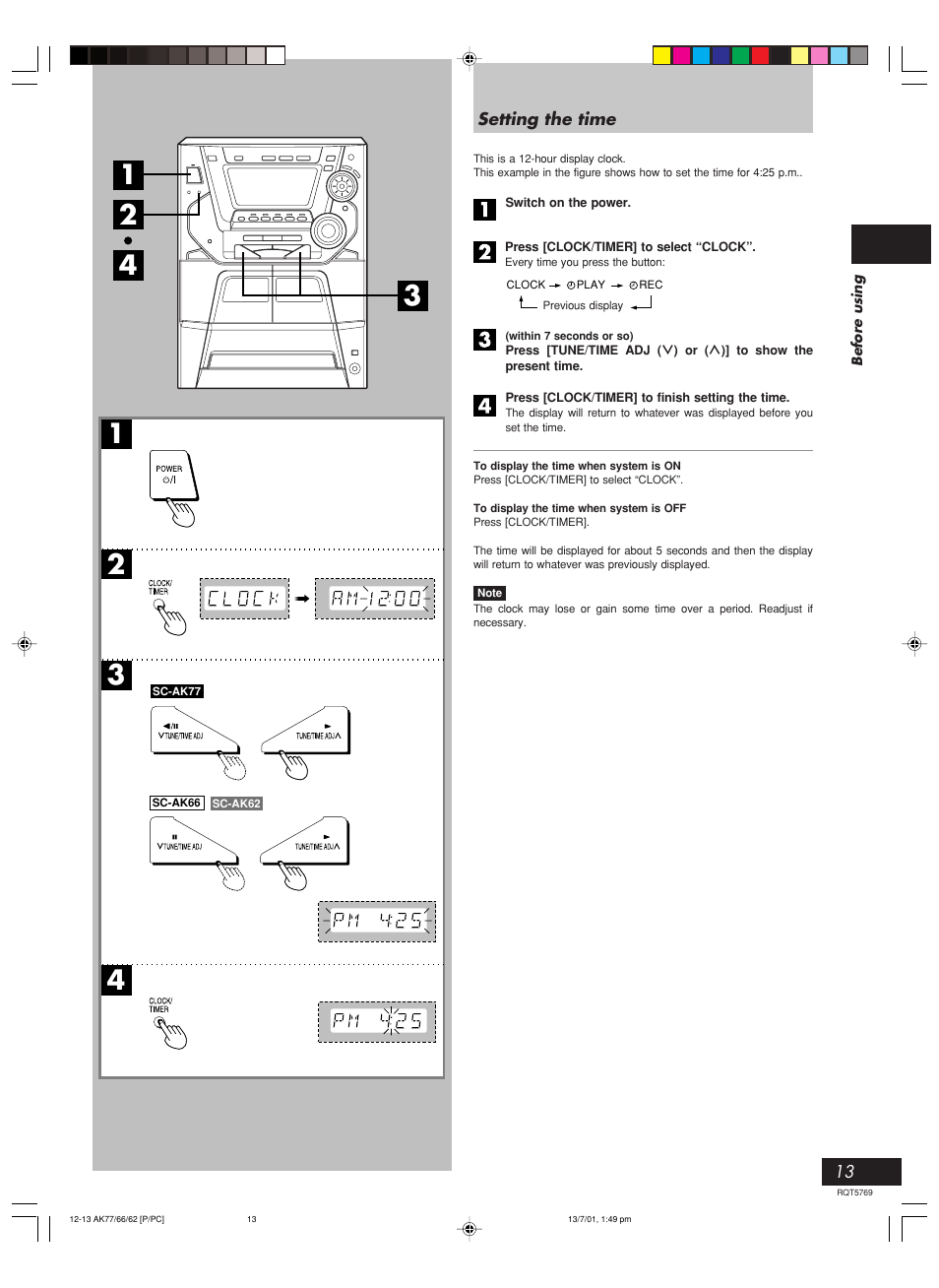 Setting the time | Panasonic SC-AK66 User Manual | Page 13 / 40