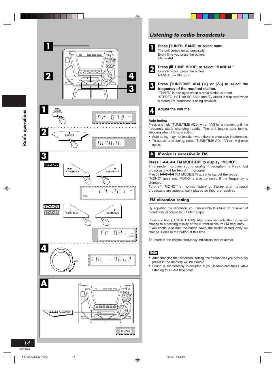 Radio operations, Listening to radio broadcasts, 12 3 4 a | Panasonic SC-AK66 User Manual | Page 14 / 40