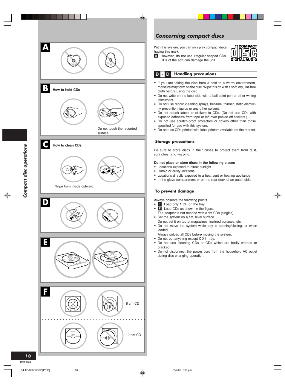 Compact disc operations, Concerning compact discs | Panasonic SC-AK66 User Manual | Page 16 / 40