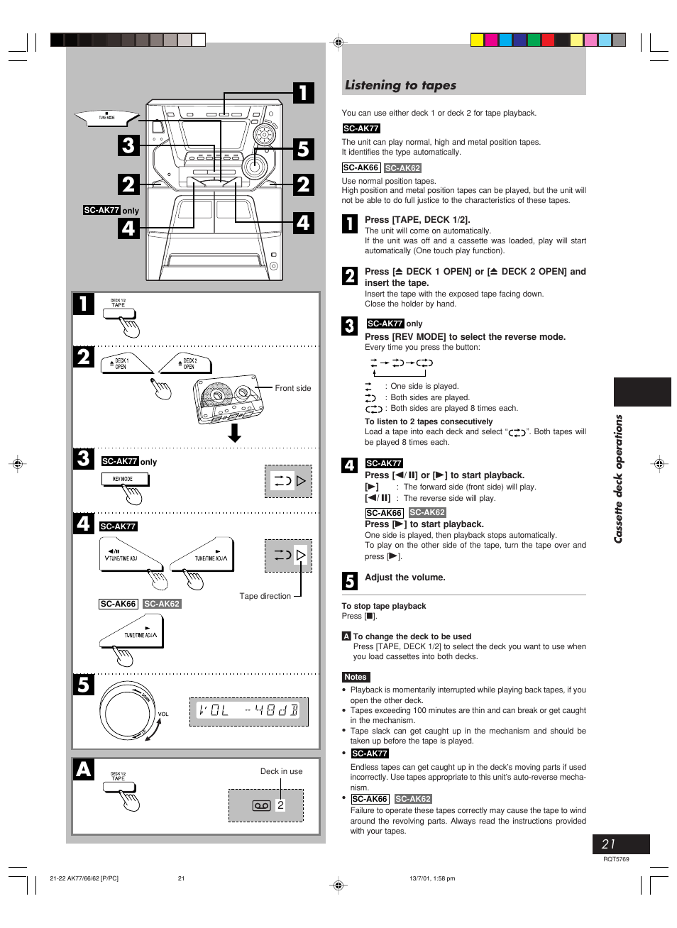 Cassette deck operations, Listening to tapes | Panasonic SC-AK66 User Manual | Page 21 / 40