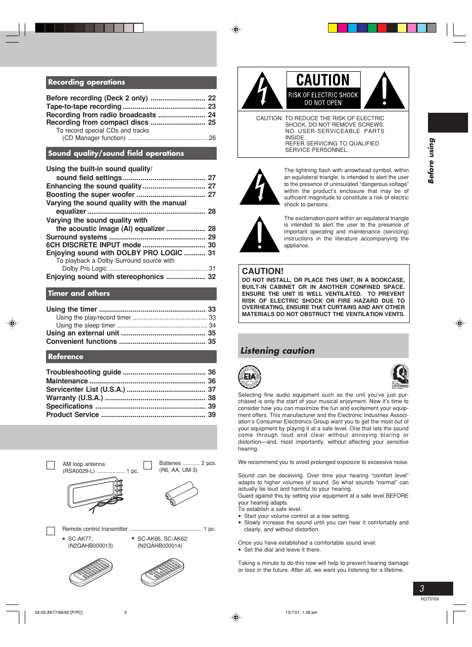 Listening caution, Caution | Panasonic SC-AK66 User Manual | Page 3 / 40
