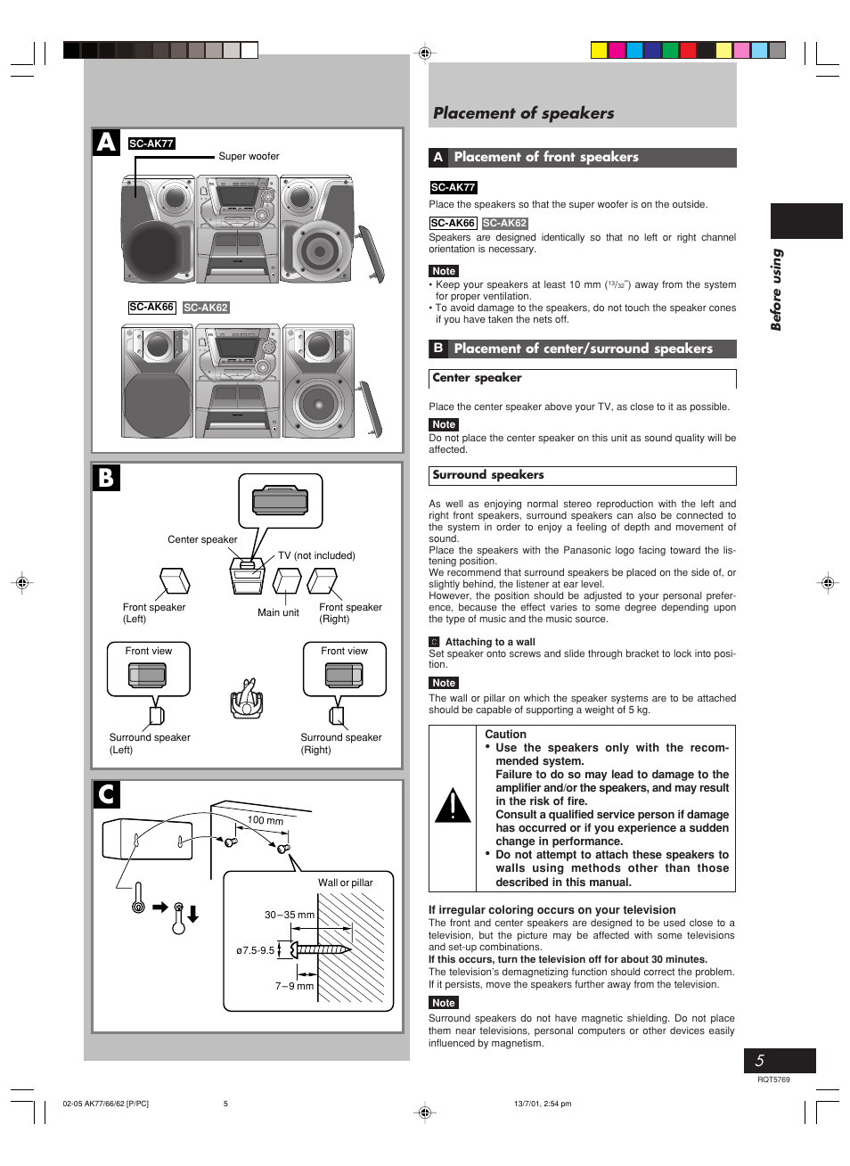 Placement of speakers, Ab c | Panasonic SC-AK66 User Manual | Page 5 / 40