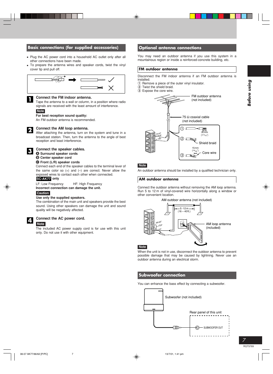 Before using, Basic connections (for supplied accessories), Optional antenna connections | Subwoofer connection | Panasonic SC-AK66 User Manual | Page 7 / 40