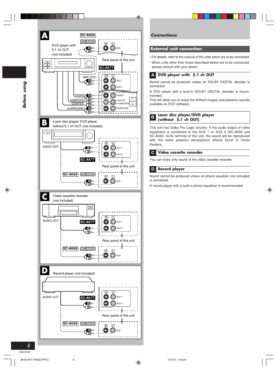 Ab c, Before using, Connections external unit connection | Ac b d | Panasonic SC-AK66 User Manual | Page 8 / 40