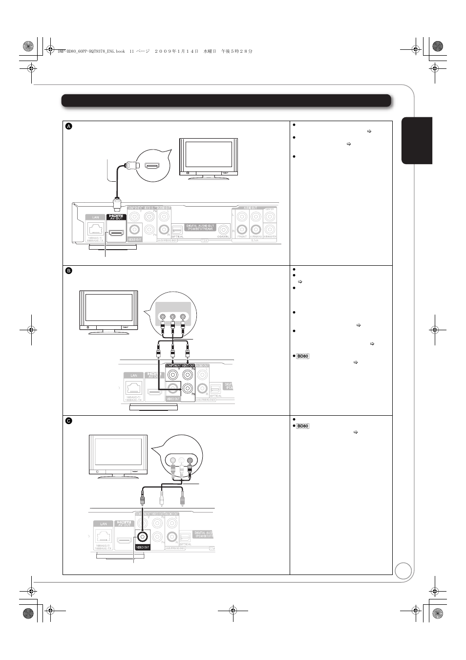 Video connections (tv), A connecting to your tv, via hdmi av out, B connecting to your tv, via component video out | C connecting to your tv, via video out | Panasonic DMP-BD605 User Manual | Page 11 / 52