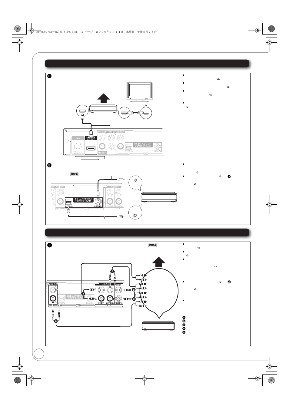 Connections, Digital audio connections analog audio connections, F connecting to 7.1ch audio out terminal | Panasonic DMP-BD605 User Manual | Page 12 / 52