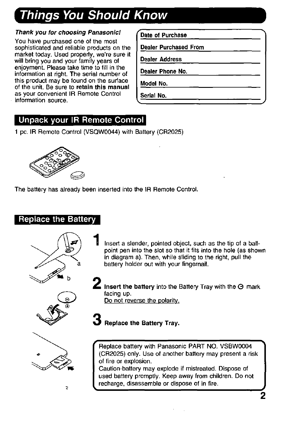 Unpack your ir remote control, Replace the battery, Things you should know | Panasonic PALMCODER PV-DRC9 User Manual | Page 2 / 6