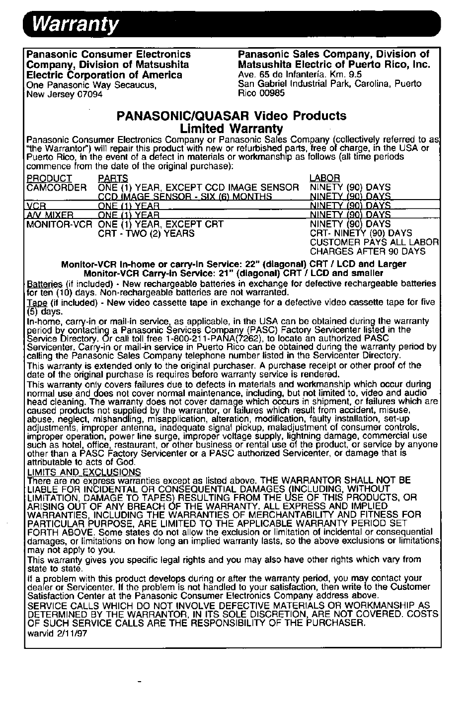 Warranty, Panasonic/quasar video products limited warranty | Panasonic PALMCODER PV-DRC9 User Manual | Page 6 / 6