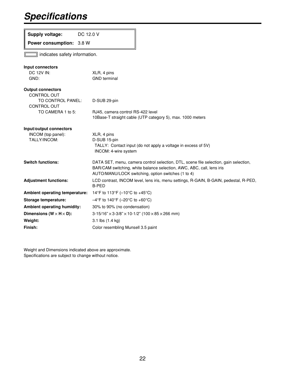 Specifications | Panasonic AWCB400N User Manual | Page 22 / 24