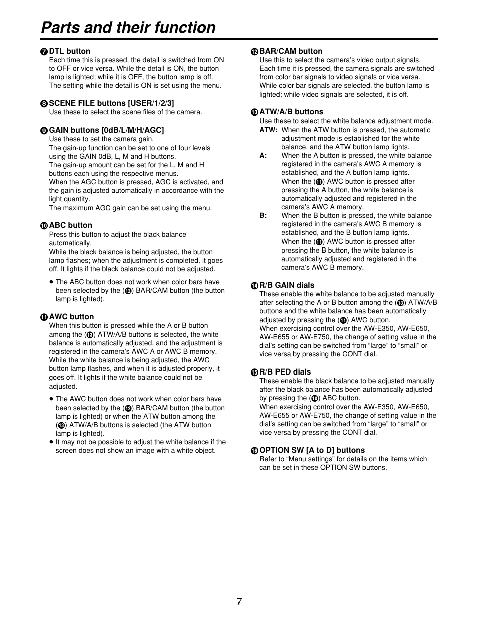 Parts and their function | Panasonic AWCB400N User Manual | Page 7 / 24
