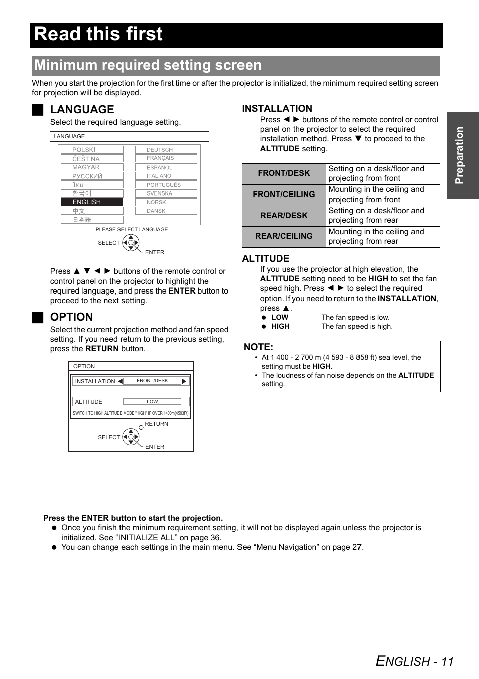 Read this first, Minimum required setting screen, Nglish - 11 | Jlanguage, Joption, Prep arat ion | Panasonic PT-LB75U User Manual | Page 11 / 62