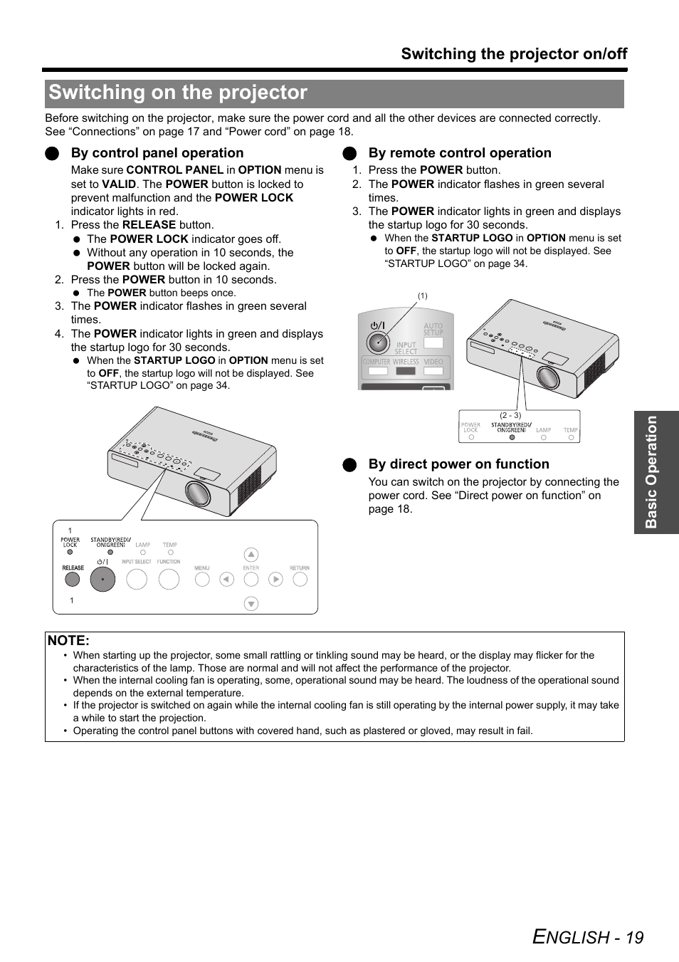 Switching on the projector, Nglish - 19, Switching the projector on/off | Basic o p eration, Qby control panel operation, Qby remote control operation, Qby direct power on function | Panasonic PT-LB75U User Manual | Page 19 / 62