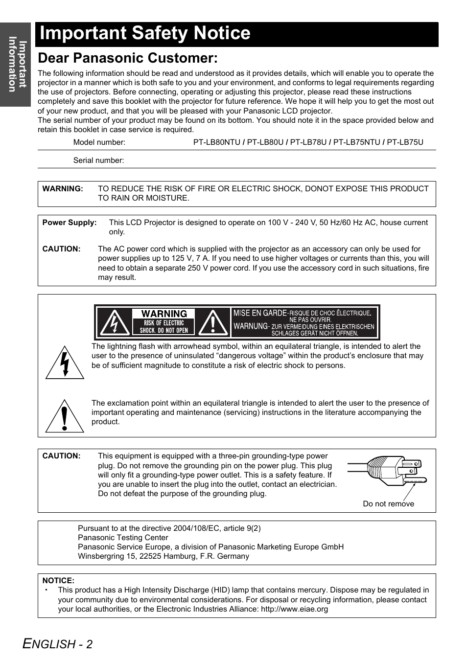Important safety notice, Dear panasonic customer, Nglish - 2 | Panasonic PT-LB75U User Manual | Page 2 / 62