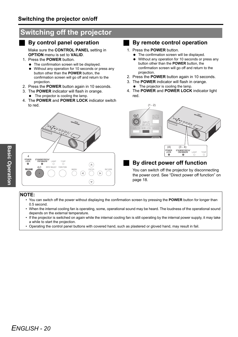 Switching off the projector, Ge 20), Nglish - 20 | Switching the projector on/off, Jby control panel operation, Jby remote control operation, Jby direct power off function, Basi c op eration | Panasonic PT-LB75U User Manual | Page 20 / 62