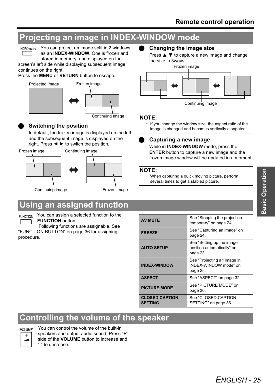 Projecting an image in index-window mode, Using an assigned function, Controlling the volume of the speaker | Nglish - 25, Remote control operation | Panasonic PT-LB75U User Manual | Page 25 / 62