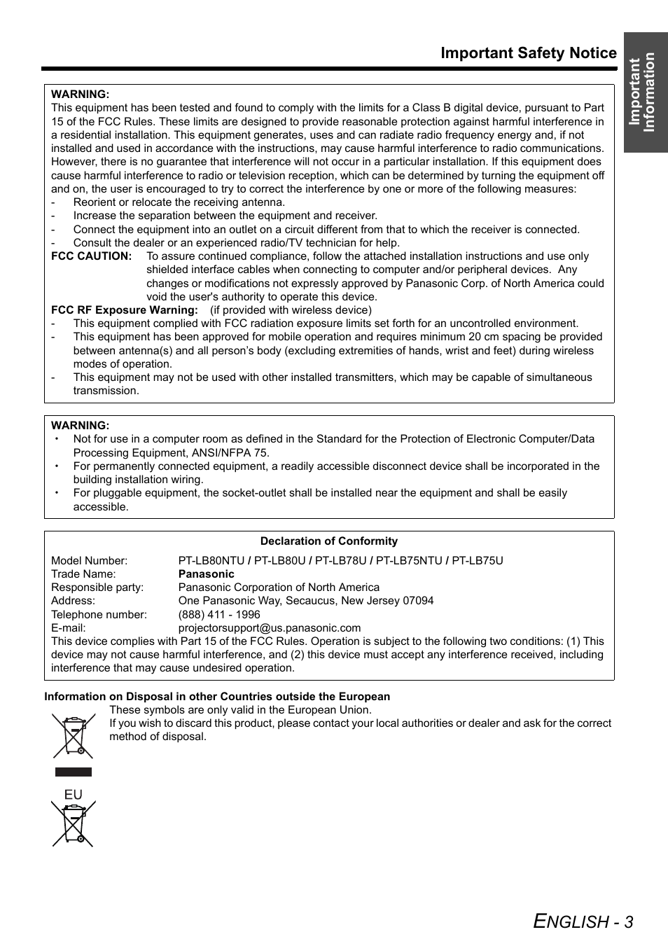 Nglish - 3, Important safety notice, Important information | Panasonic PT-LB75U User Manual | Page 3 / 62