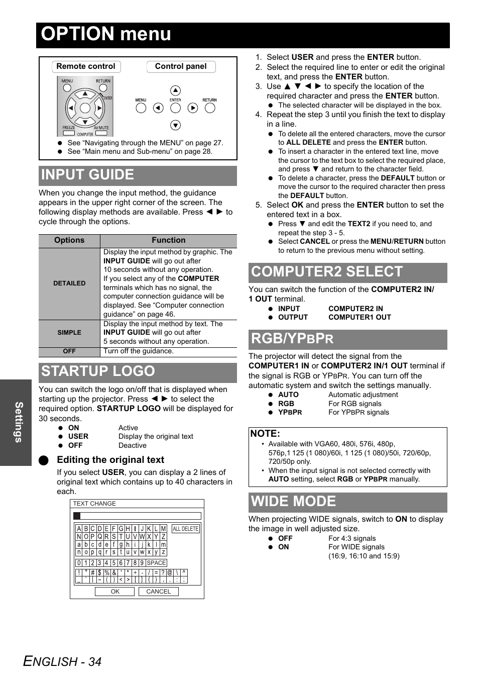 Option menu, Input guide, Startup logo | Computer2 select, Rgb/ypbpr, Wide mode, Input guide startup logo computer2 select rgb/yp, Computer2 select rgb/yp, Nglish - 34, Settings | Panasonic PT-LB75U User Manual | Page 34 / 62