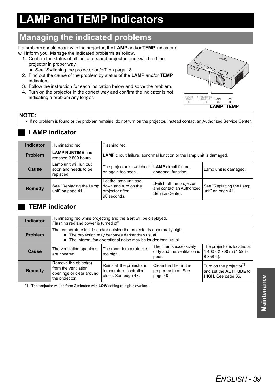 Lamp and temp indicators, Managing the indicated problems, Nglish - 39 | Jlamp indicator j temp indicator, Maintenance | Panasonic PT-LB75U User Manual | Page 39 / 62