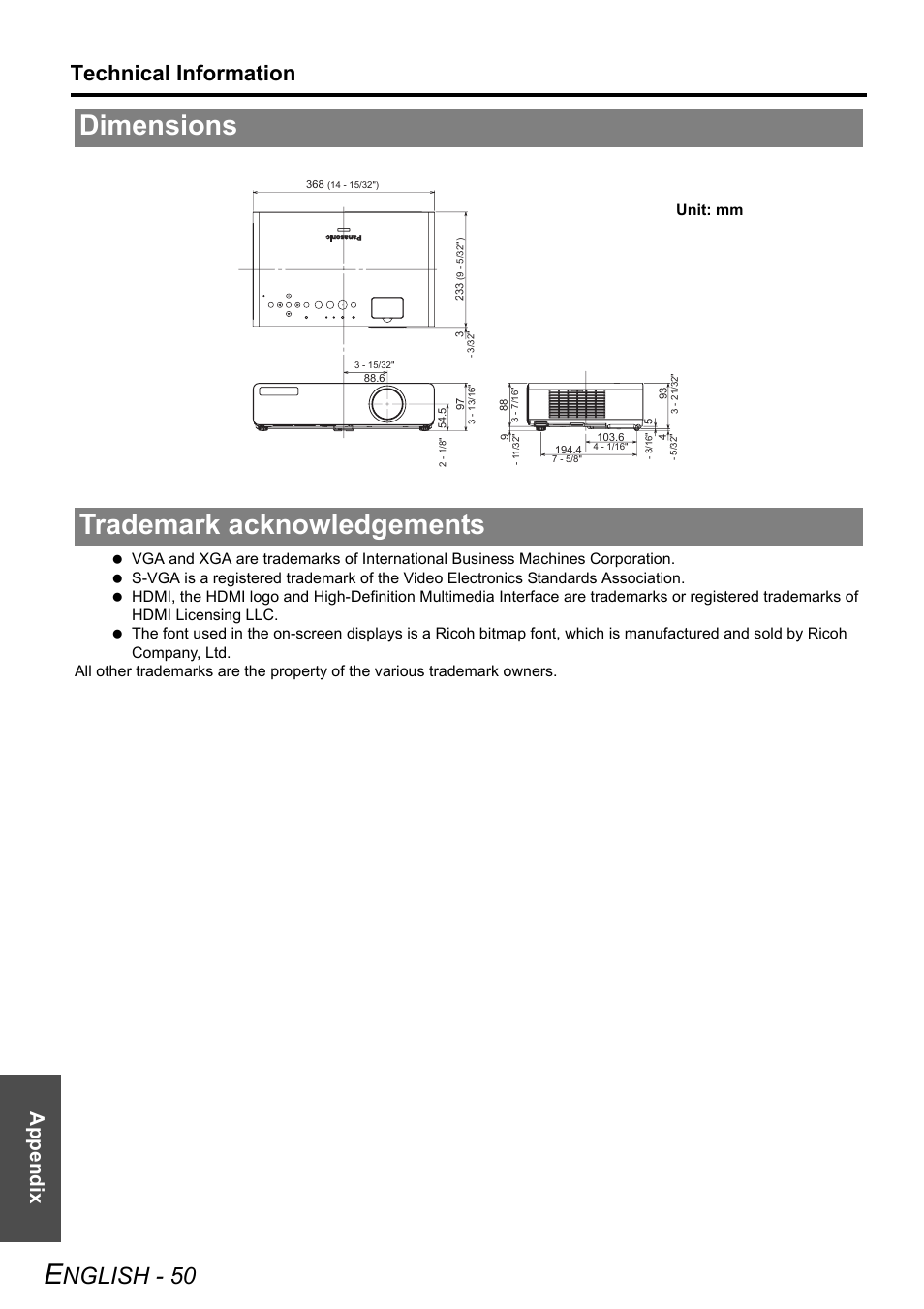 Dimensions, Trademark acknowledgements, Dimensions trademark acknowledgements | Nglish - 50, Technical information, Appendix | Panasonic PT-LB75U User Manual | Page 50 / 62