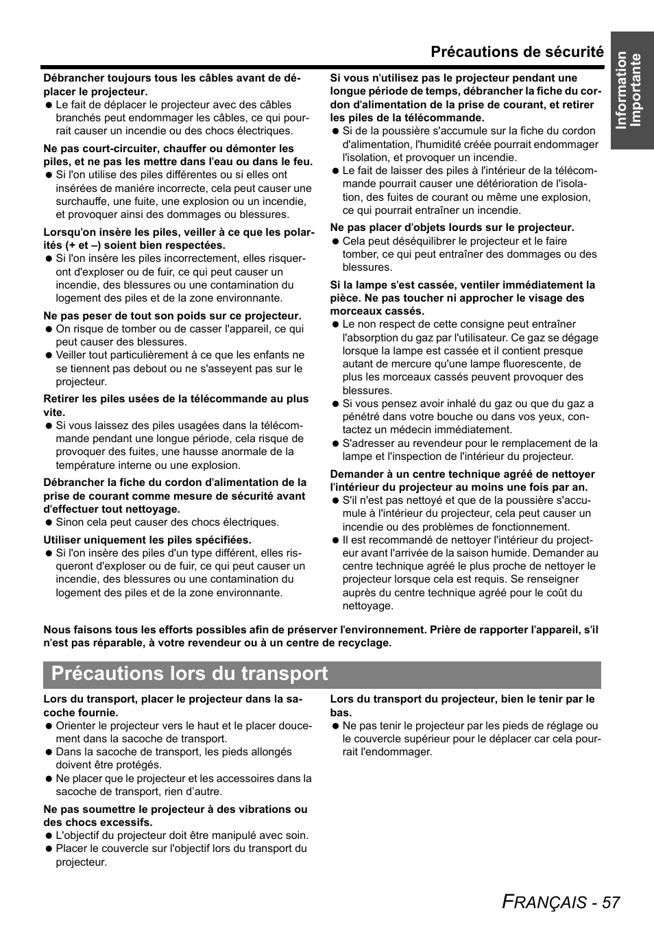Précautions lors du transport, Rançais - 57, Précautions de sécurité | Information importante | Panasonic PT-LB75U User Manual | Page 57 / 62