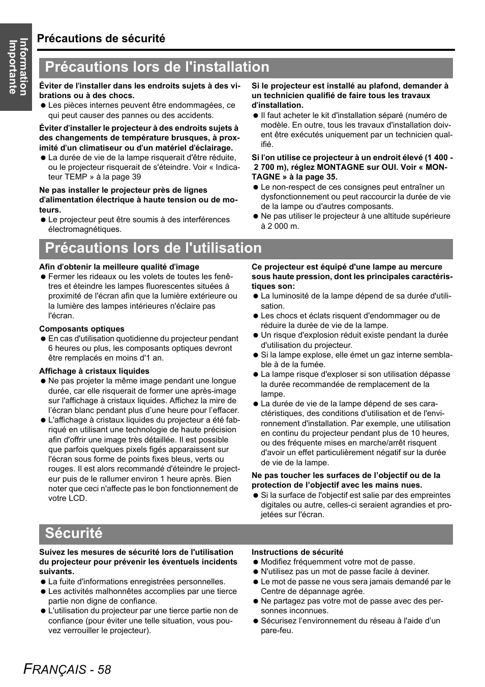 Précautions lors de l'installation, Précautions lors de l'utilisation, Sécurité | Rançais - 58, Précautions de sécurité, Information importante | Panasonic PT-LB75U User Manual | Page 58 / 62