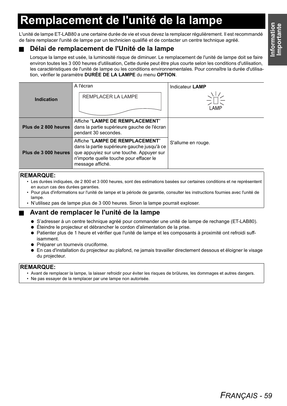 Remplacement de l'unité de la lampe, Rançais - 59, Délai de remplacement de l'unité de la lampe | Avant de remplacer le l'unité de la lampe | Panasonic PT-LB75U User Manual | Page 59 / 62