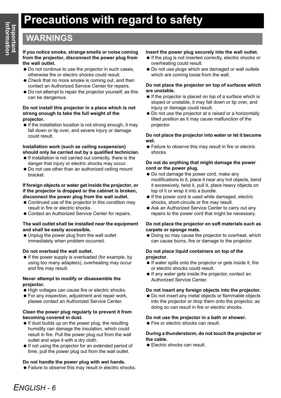 Precautions with regard to safety, Warnings, Nglish - 6 | Important information | Panasonic PT-LB75U User Manual | Page 6 / 62