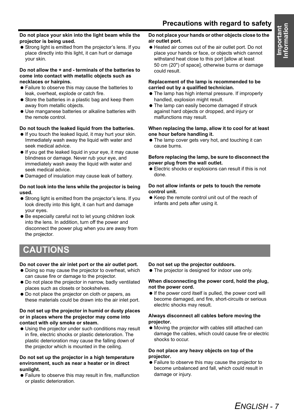 Cautions, Nglish - 7, Precautions with regard to safety | Important information | Panasonic PT-LB75U User Manual | Page 7 / 62