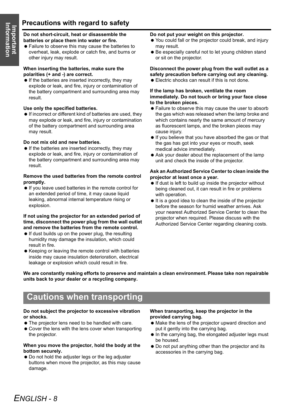 Cautions when transporting, Nglish - 8, Precautions with regard to safety | Important information | Panasonic PT-LB75U User Manual | Page 8 / 62