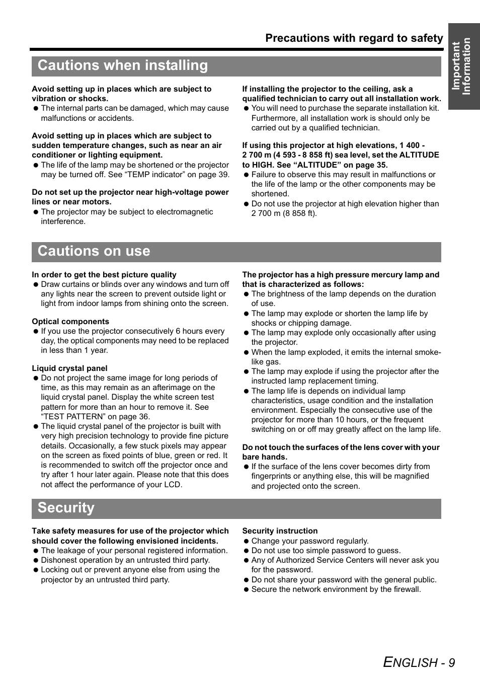 Cautions when installing, Cautions on use, Security | Cautions when installing cautions on use security, Nglish - 9, Precautions with regard to safety, Important information | Panasonic PT-LB75U User Manual | Page 9 / 62
