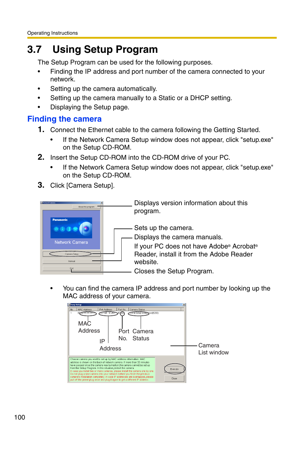 7 using setup program, Finding the camera 1 | Panasonic BL-C30A User Manual | Page 100 / 114