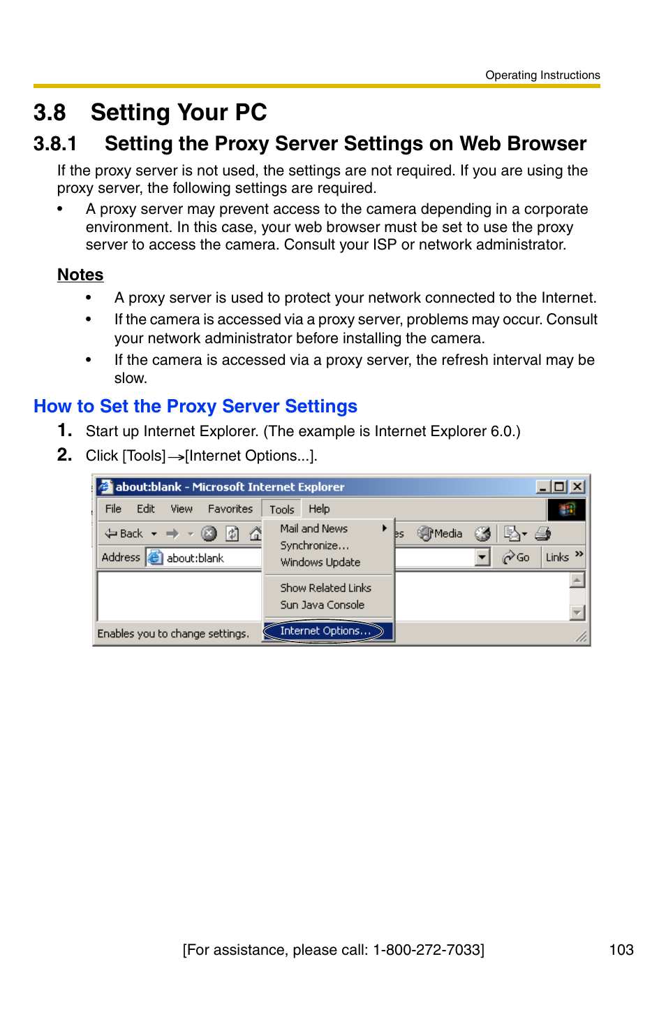8 setting your pc, 1 setting the proxy server settings on web browser | Panasonic BL-C30A User Manual | Page 103 / 114
