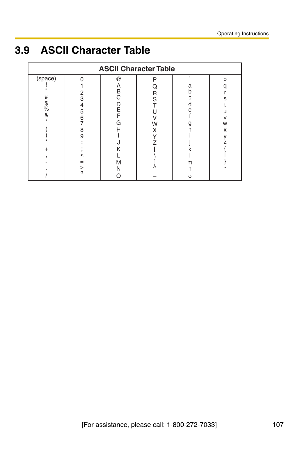 9 ascii character table, E 107), Ge 107) | Ge 107, 107). but [space, 107) or characte, Ascii character table | Panasonic BL-C30A User Manual | Page 107 / 114
