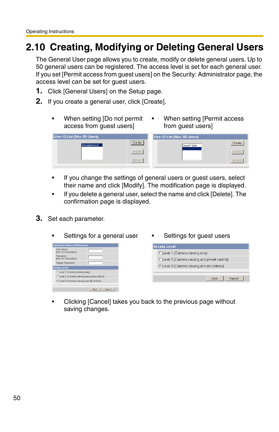 10 creating, modifying or deleting general users | Panasonic BL-C30A User Manual | Page 50 / 114
