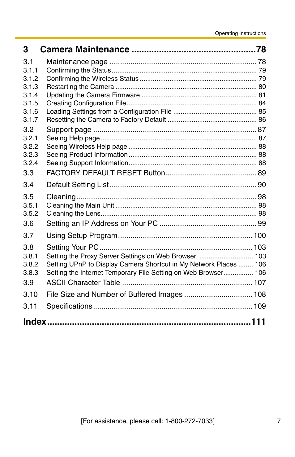 3 camera maintenance 78, Index 111, 3camera maintenance | Index | Panasonic BL-C30A User Manual | Page 7 / 114
