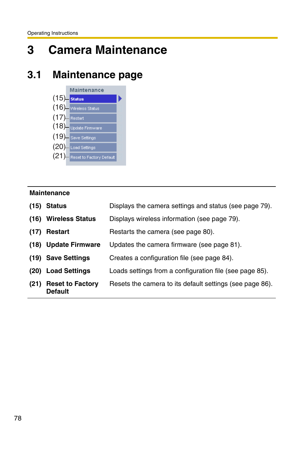 3 camera maintenance, E 78), 3camera maintenance | 1 maintenance page | Panasonic BL-C30A User Manual | Page 78 / 114