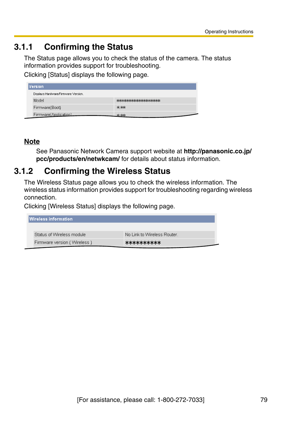 1 confirming the status, 2 confirming the wireless status, Ge 79) | Panasonic BL-C30A User Manual | Page 79 / 114