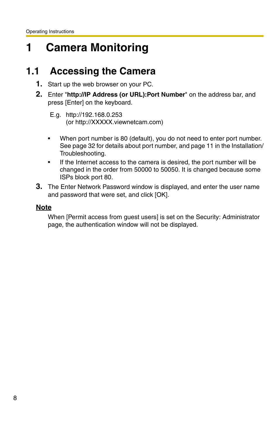 1 camera monitoring, 1 accessing the camera, 1camera monitoring | Panasonic BL-C30A User Manual | Page 8 / 114