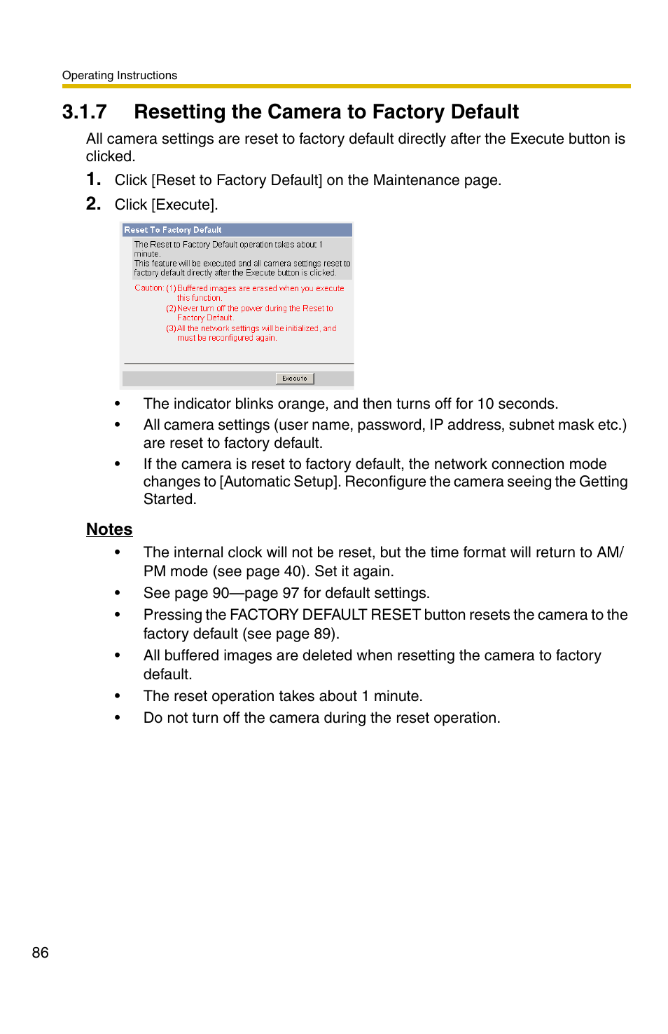 7 resetting the camera to factory default | Panasonic BL-C30A User Manual | Page 86 / 114