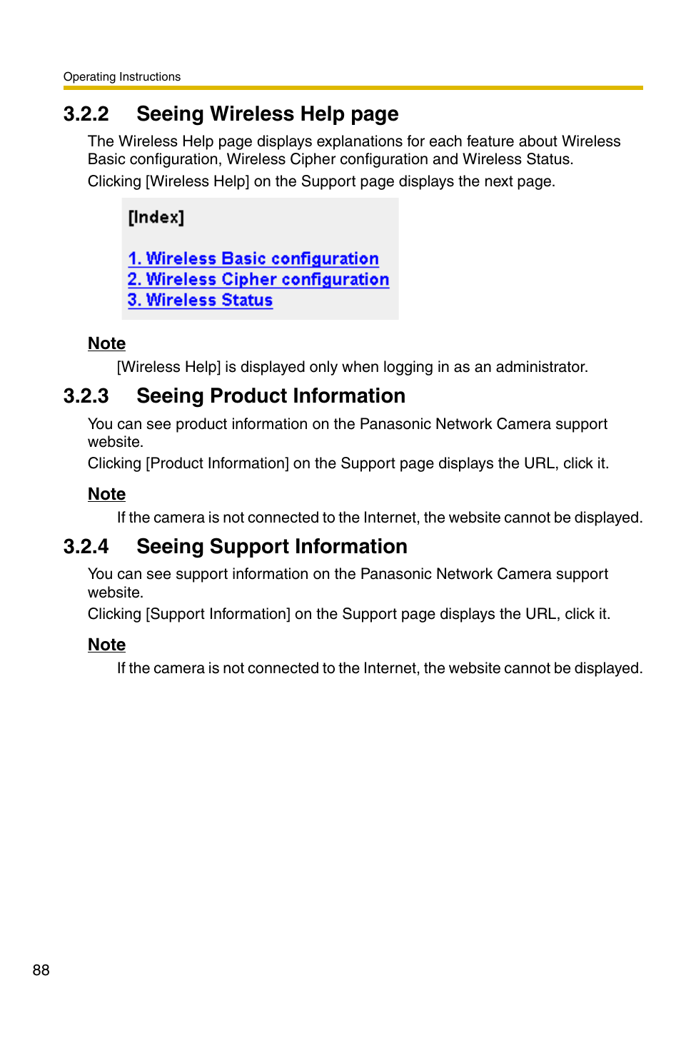 3 seeing product information, 4 seeing support information, Age 88 | Ge 88), 2 seeing wireless help page | Panasonic BL-C30A User Manual | Page 88 / 114