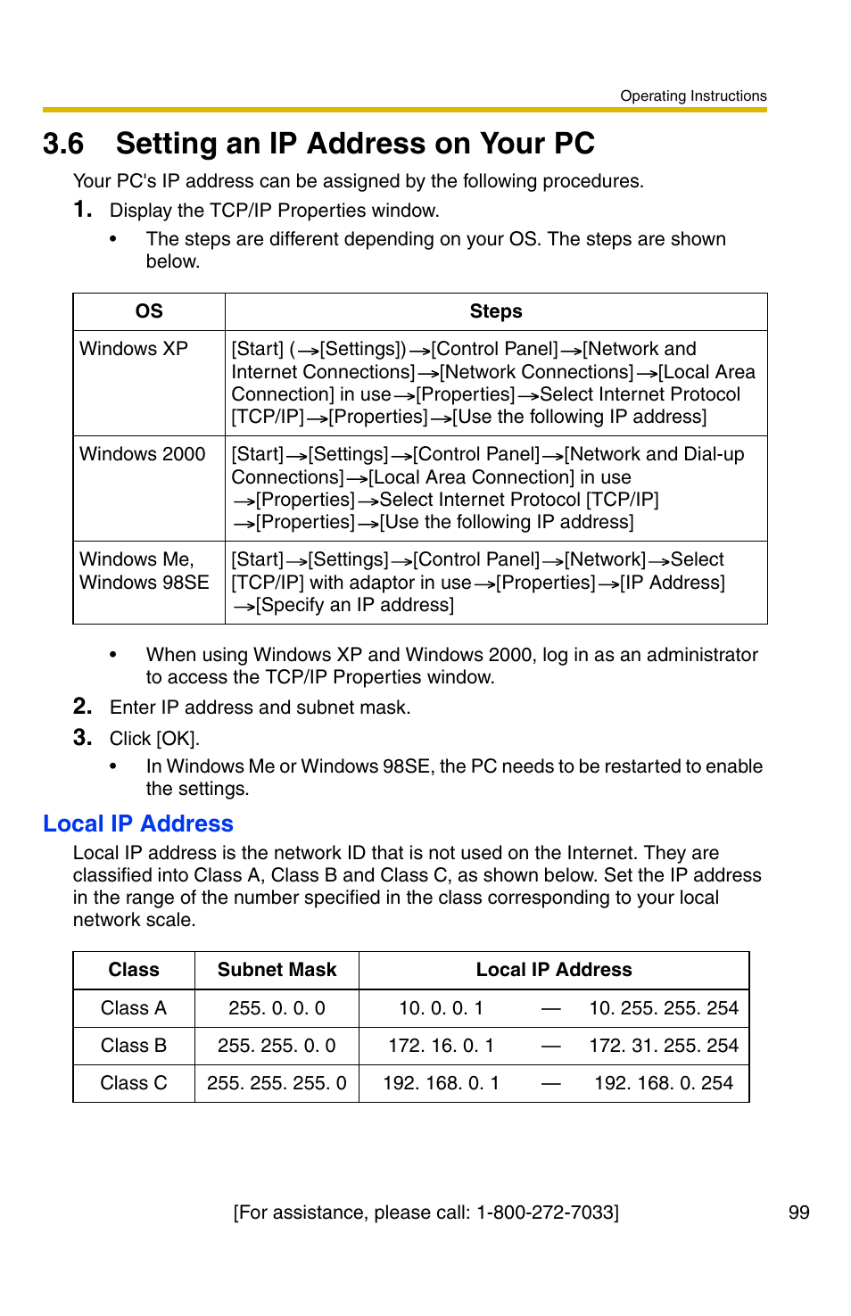 6 setting an ip address on your pc, Local ip address | Panasonic BL-C30A User Manual | Page 99 / 114