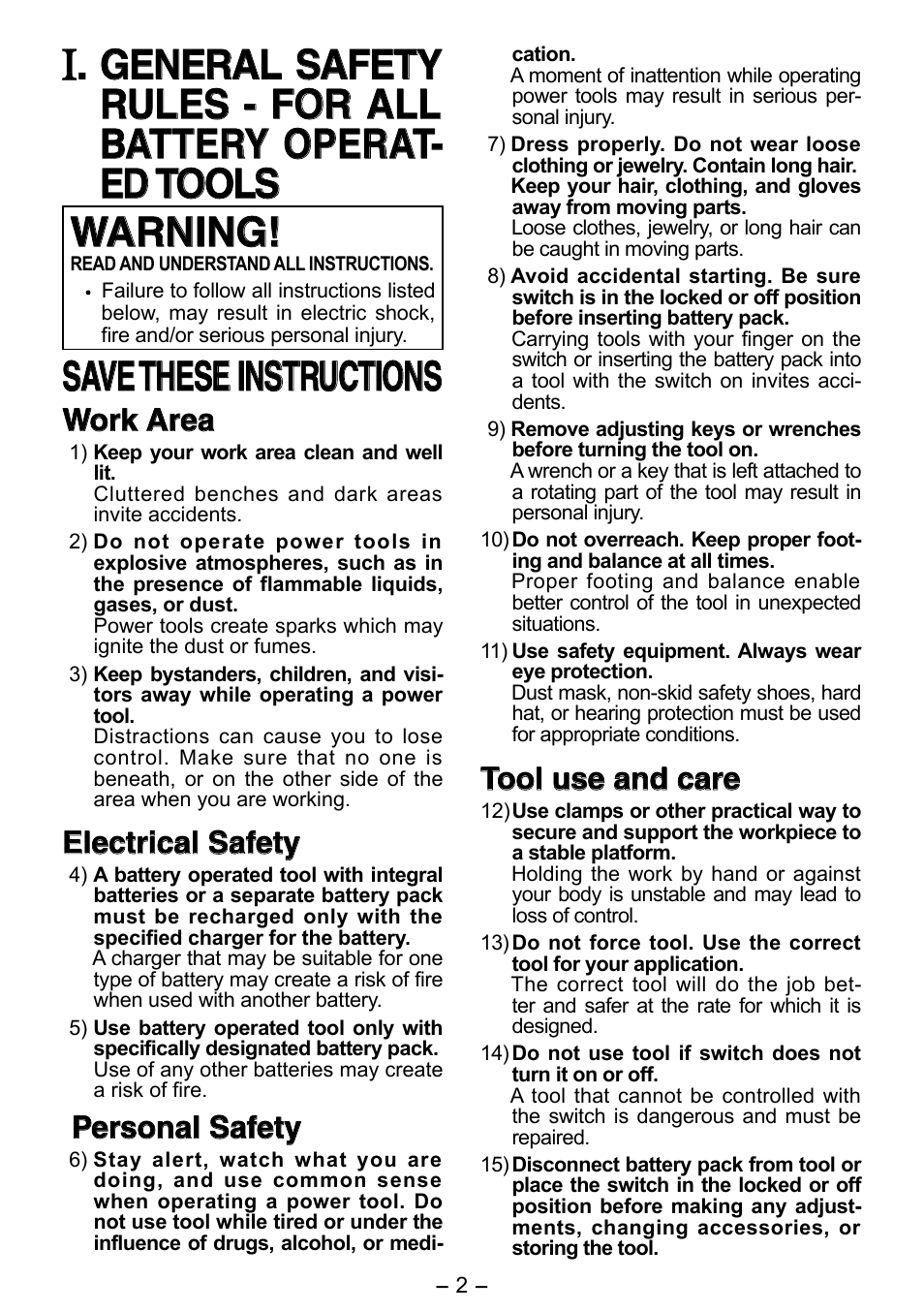 Save these instructions, Work area, Electrical safety | Personal safety, Tool use and care | Panasonic EY6506 User Manual | Page 2 / 12